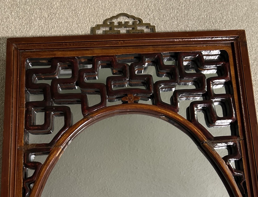 Chinese Red Asian Mirror, Solid Fir Hand Carved Lattice Design Brass Hanger