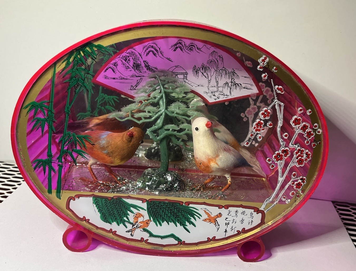 Pink Plastic Oval Case Diorama Birds Tree Mirrored Made in Hong Kong