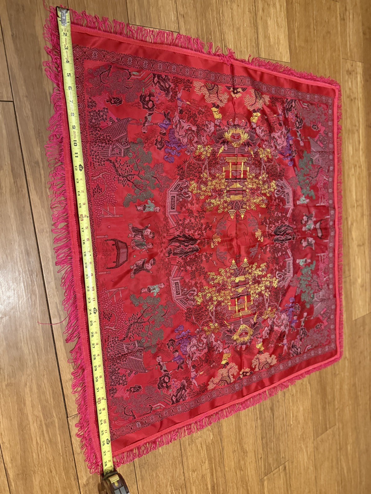 Vintage Brocaded Flowers Chinese Silk Tapestry Table Cloth 38” X 38”