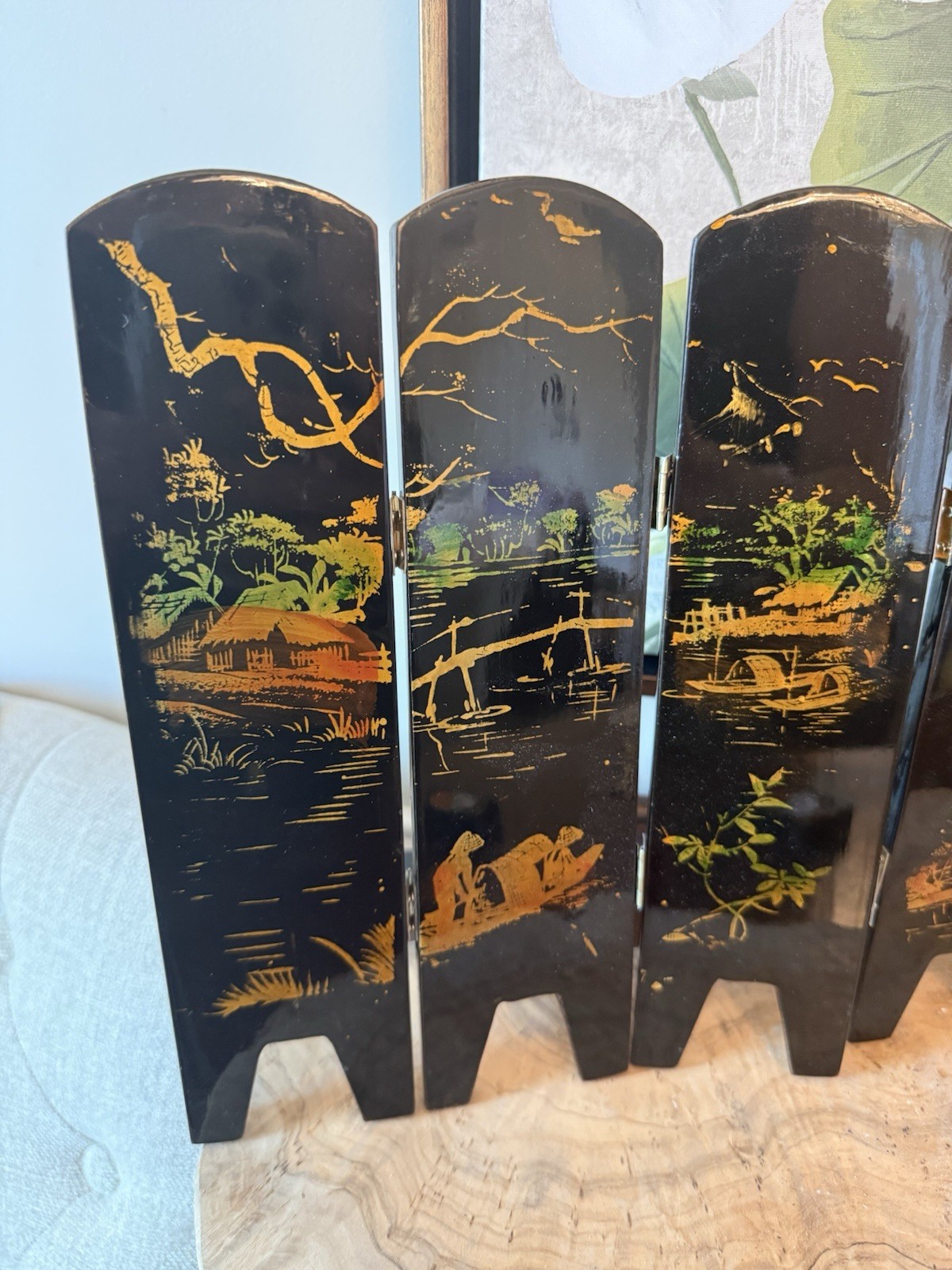Asian Mini Lacquer Screen Mother of Pearl Inlay Reversible Image Table Top AS IS