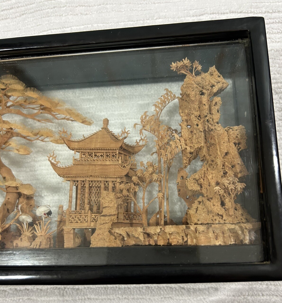 Chinese Carved Cork Art Shadow Box Pagoda Black Wood Frame 7.5”x5”