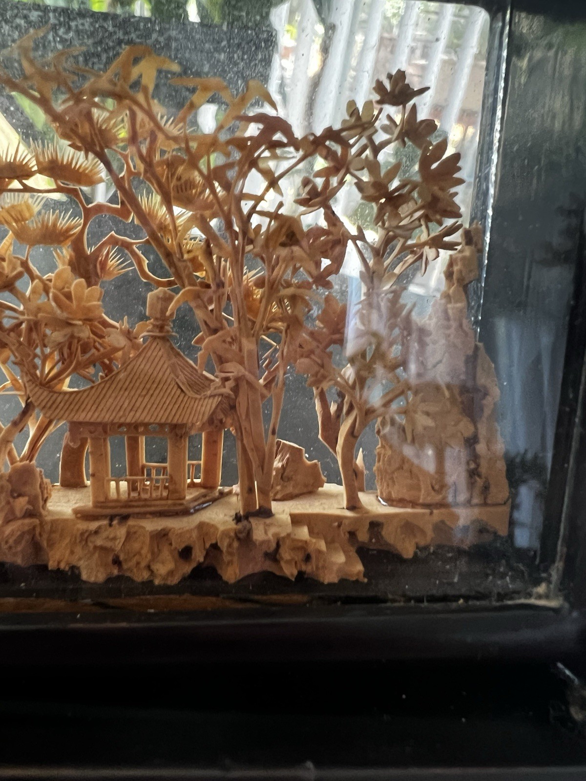 Vintage Chinese Hand Carved Cork Diorama Pagoda Scene 3D