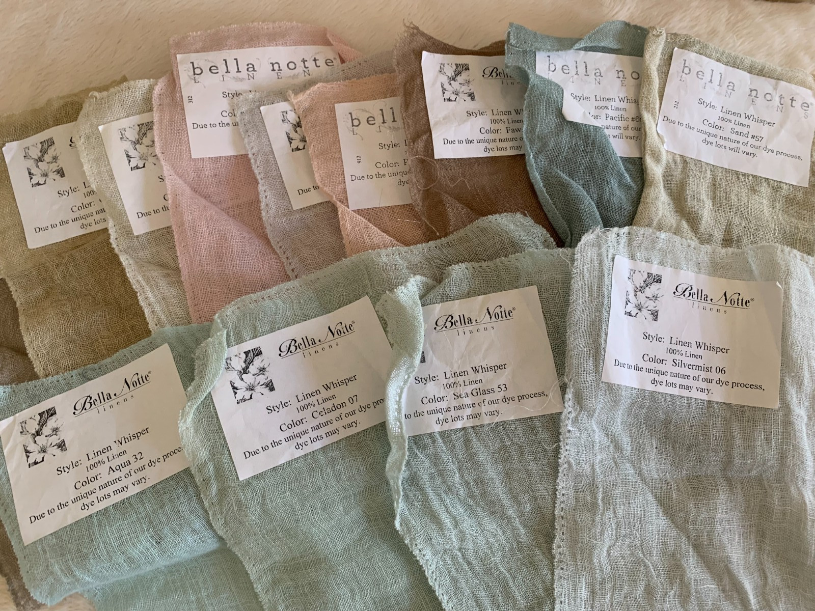 Bella Notte Luxury Fabric Samples Swatches 13 Pieces LINEN WHISPER 100% Linen