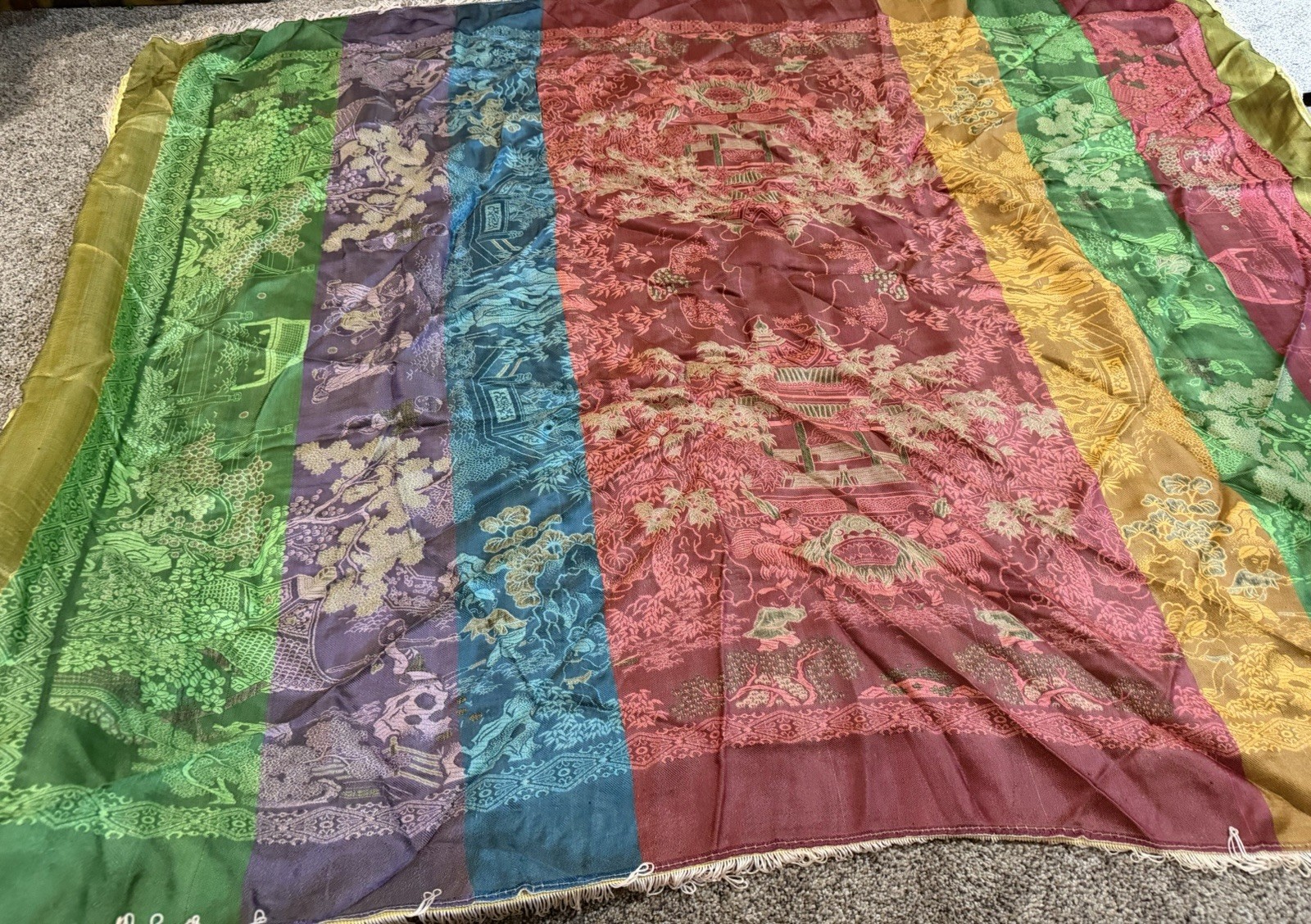 Vintage Asian Silk Oriental Brocade Tapestry Children Playing Garden Pagoda