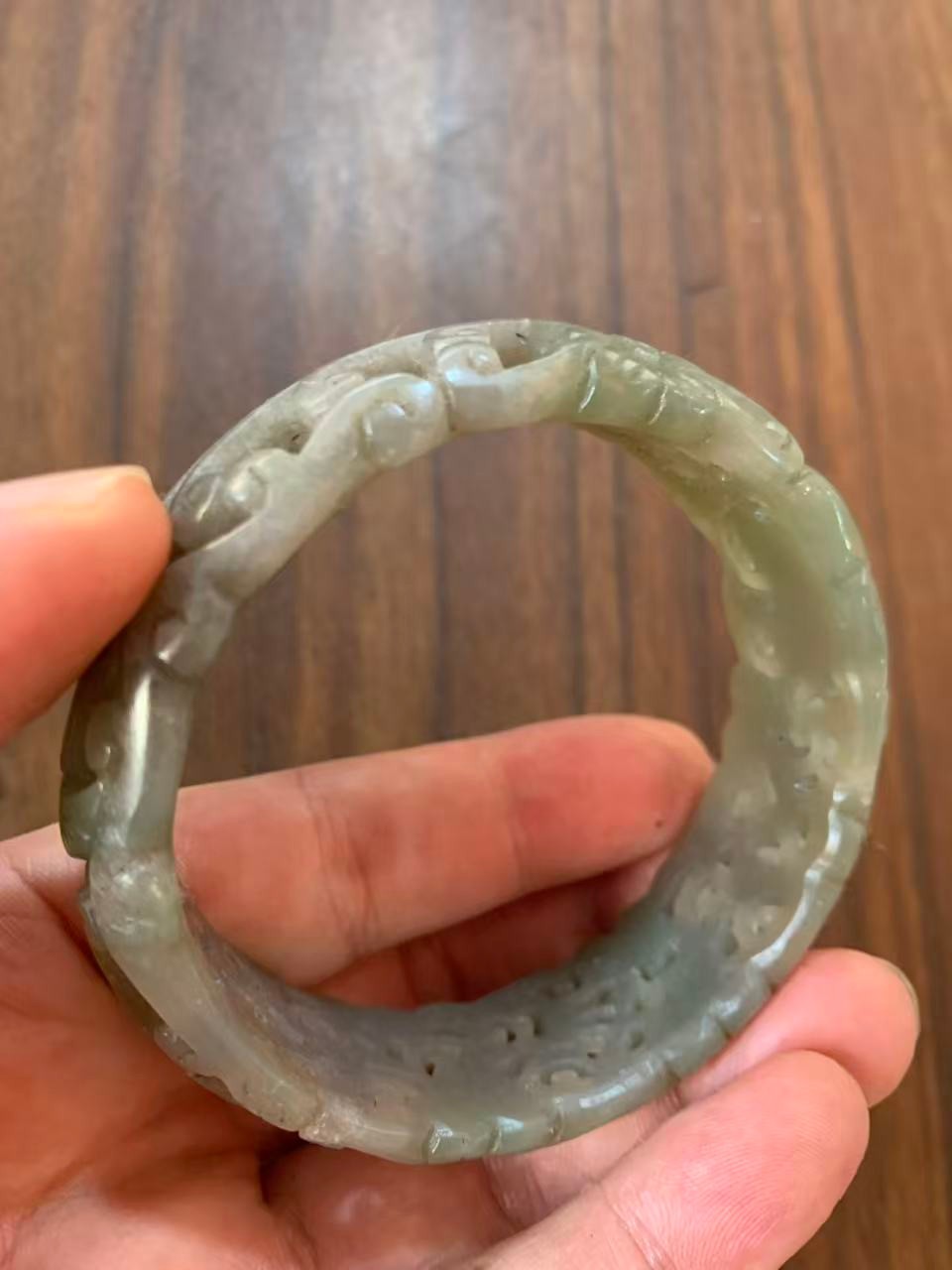 Rare Chinese Old Hetian Jade Hand Carved Hollowed-Out Bangle Bracelet