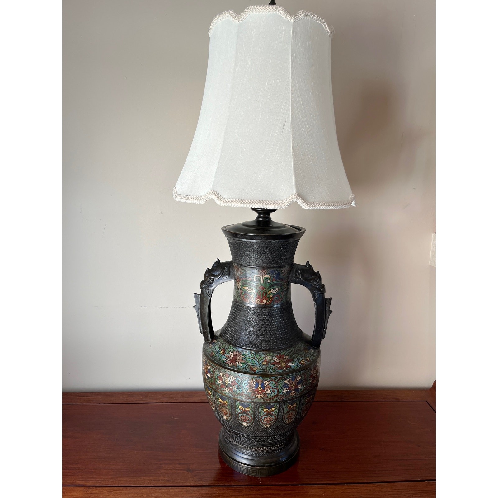 Large 42″ Chinese Cloisonné & Bronze Taotie Hu Vase Table Lamp