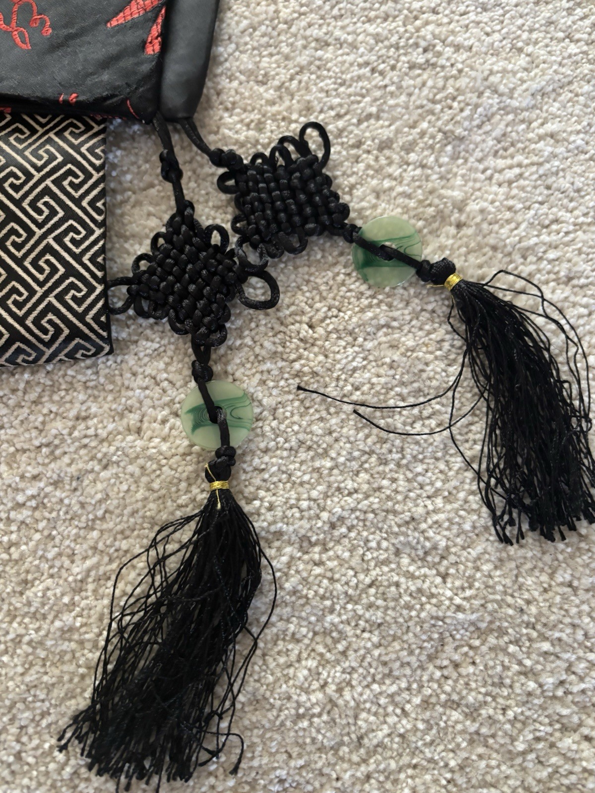 Black Red Chinese Silk Satin Brocade With Two Tassels Table Runner