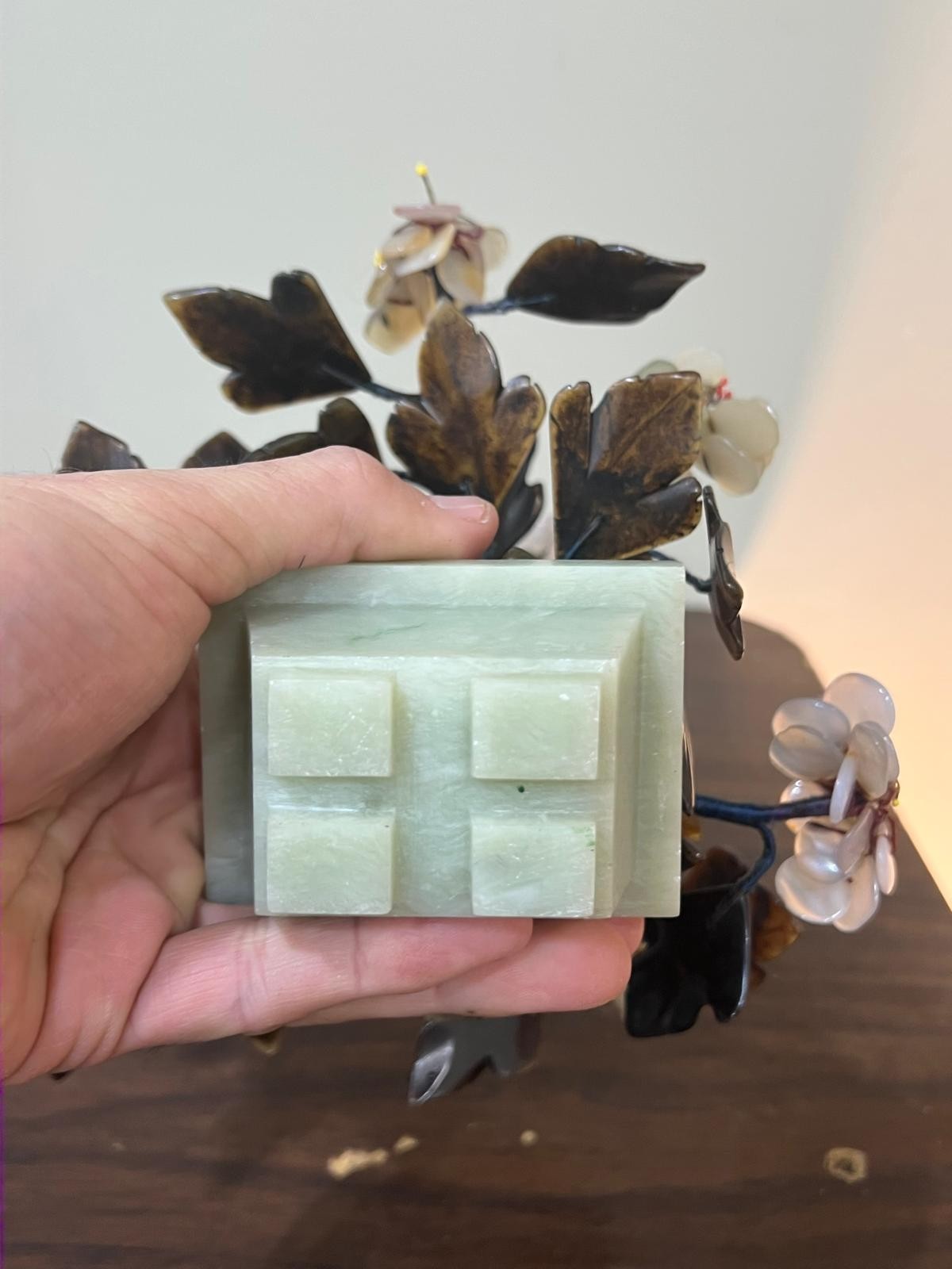 Vintage Chinese Jade and Quartz Hand Carved Flower Tree with Soapstones 10 1/2″