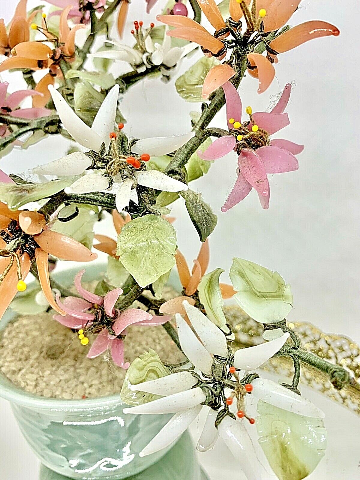 Vintage 11″ Jade Glass Bonsai Tree Japanese Oriental multi-color blooms in a Pot