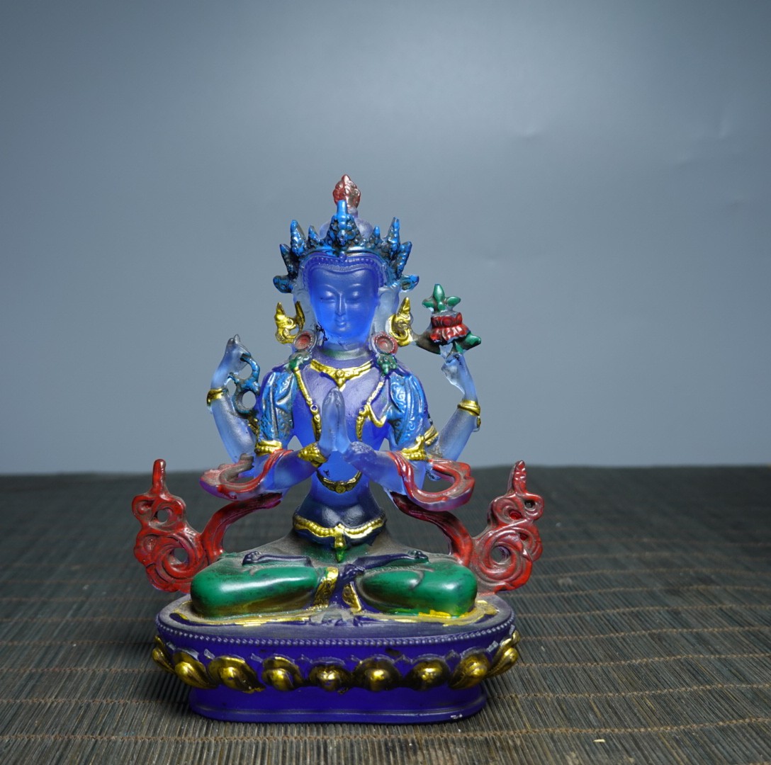 5.1″ Collect China Coloured Glaze Painted Four Arms Guanyin Kwan-yin Statue