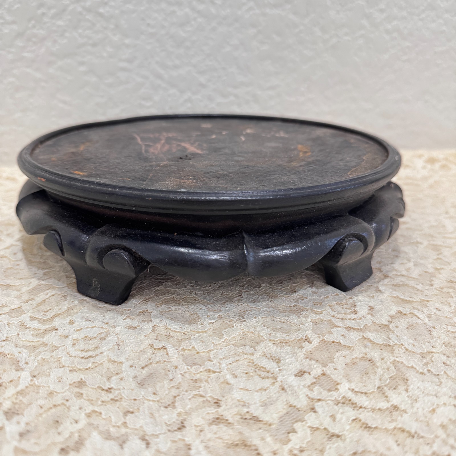 Round Chinese Wood Display Stand Black Asian Vase Bonsai Pedestal 9” Vintage
