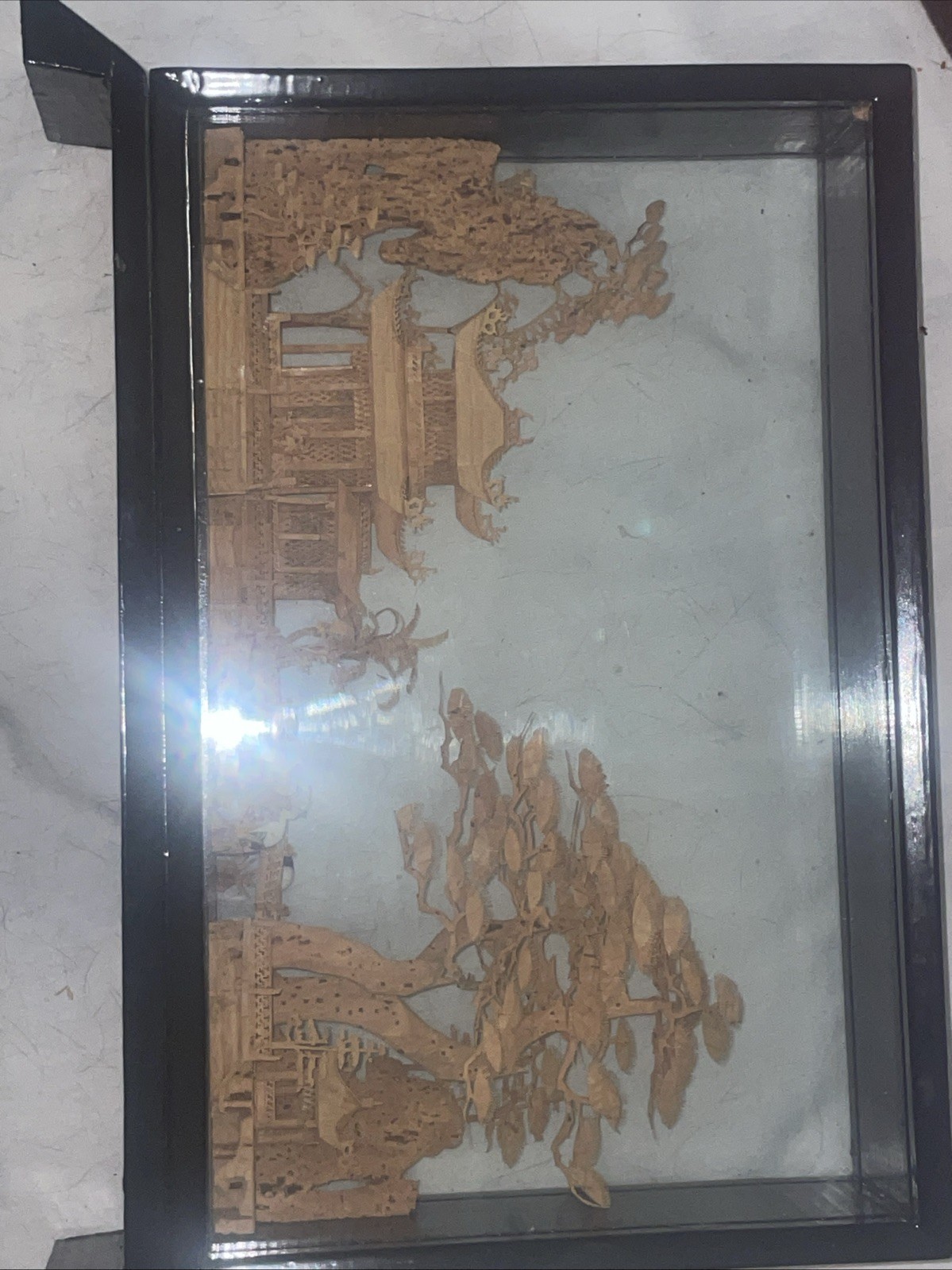 Vintage Chinese Carved Lacquer Pagoda Diorama Tray