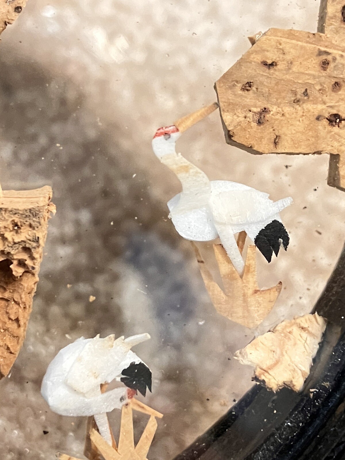 Vintage Chinese Cork Carving Diorama Set Of 2 Lot Cranes Pagoda Lacquered Wood