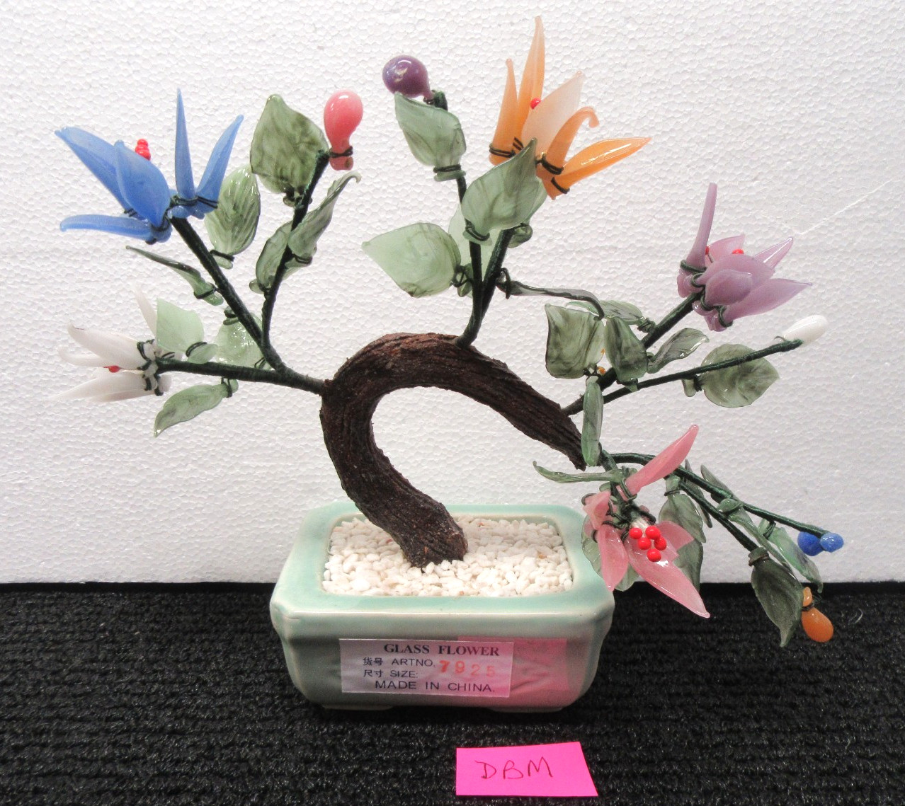 Vintage Chinese Jade Glass Bonsai Tree 9″ W x 7″ T Multi Color Flowers #DBM