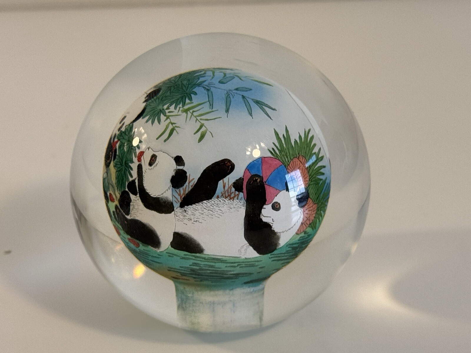 Chinese Glass Ball Sphere Paperweight Reverse Hand Painted Pandas