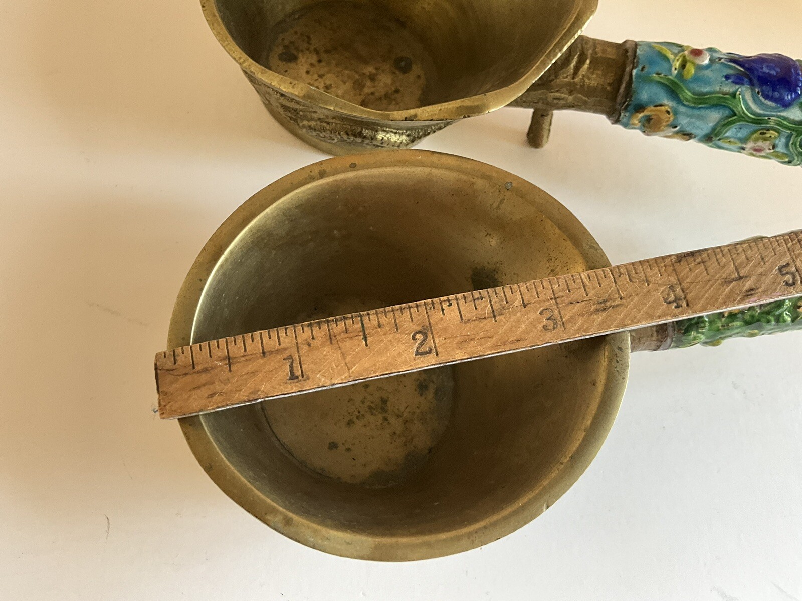 2 Different Vintage Cast Brass & Enamel Chinese Silk Iron Irons