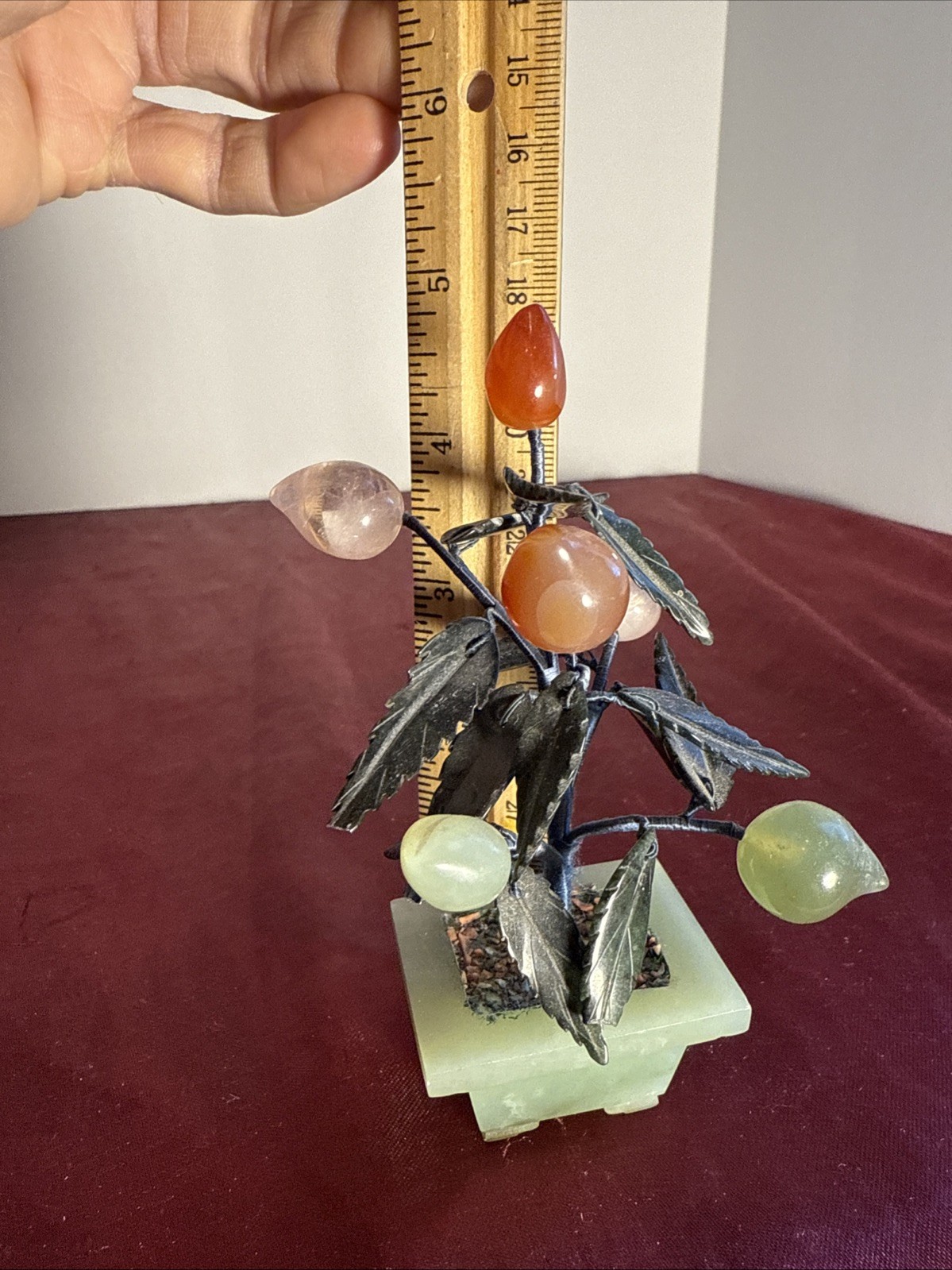 Vintage Jade & Gemstone Bonsai Tree – Carnelian Rose & Jade Floral Sculpture 5″