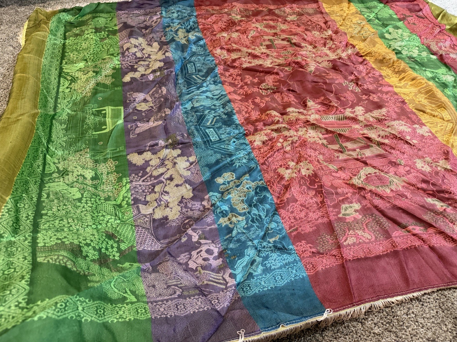 Vintage Asian Silk Oriental Brocade Tapestry Children Playing Garden Pagoda