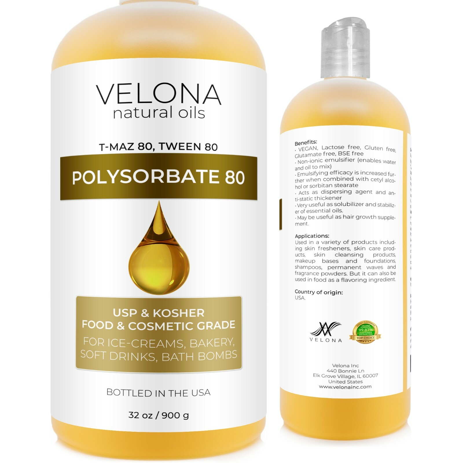 Polysorbate 80 by Velona – 32 oz Solubilizer, Food Cosmetic Grade Cooking, Bath