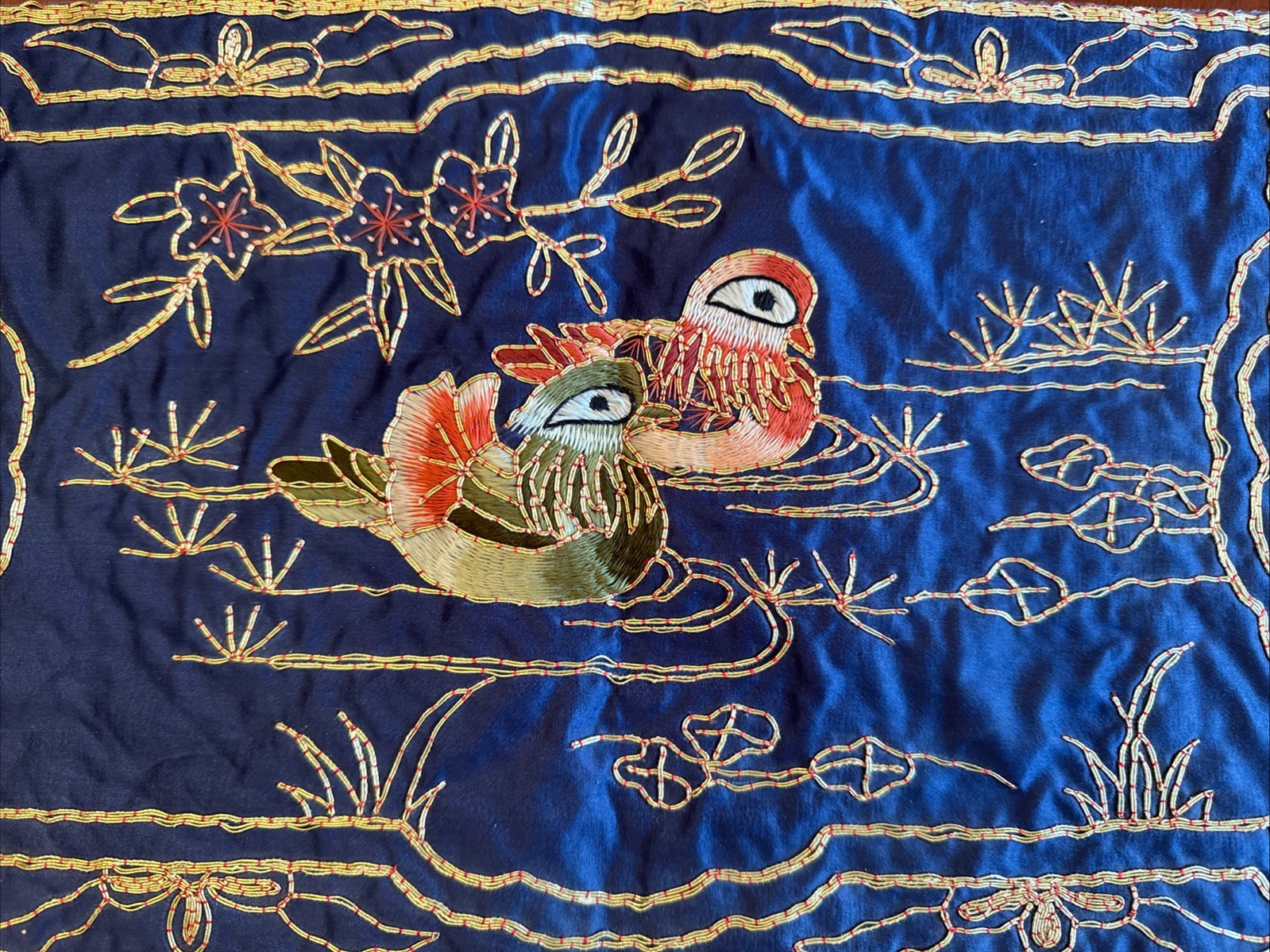 Chinese Golden Cloud Hand Embroidered Blue & Gold Silk Table Mat Ducks 9”x16”