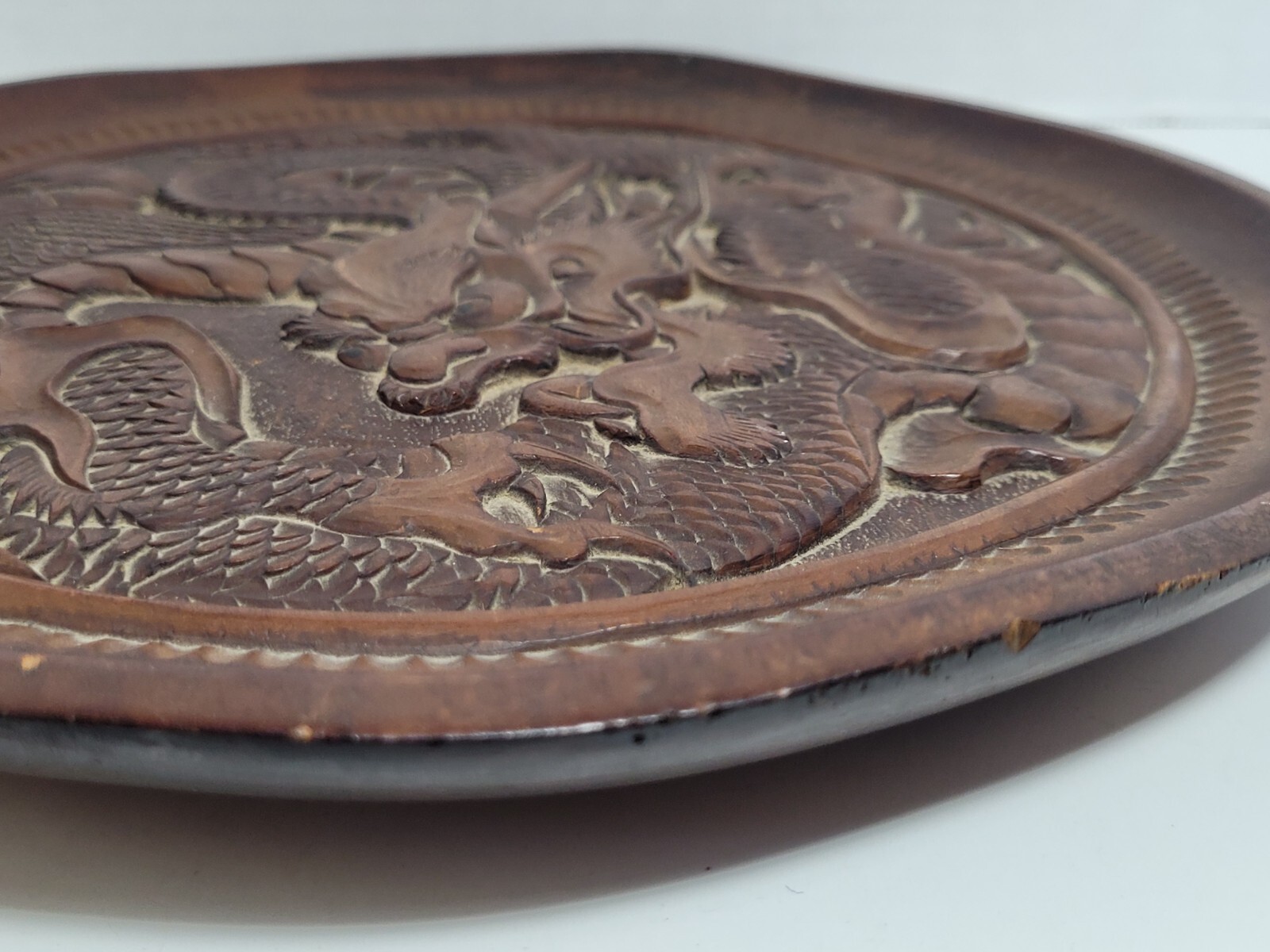 Vintage Carved Wooden Dragon Plaque Plate Chinese Decor Asian Oriental