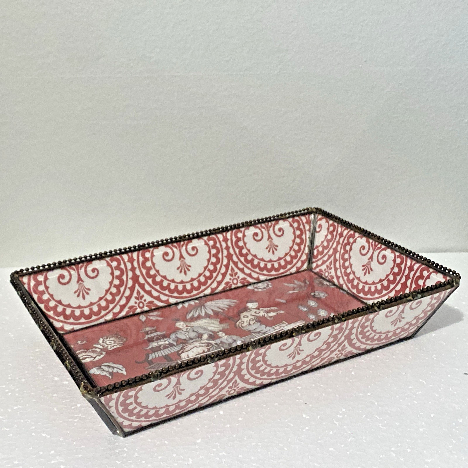Vintage Chinoiserie Leaded glass Tray Chinese Culture Designs Reddish Pink