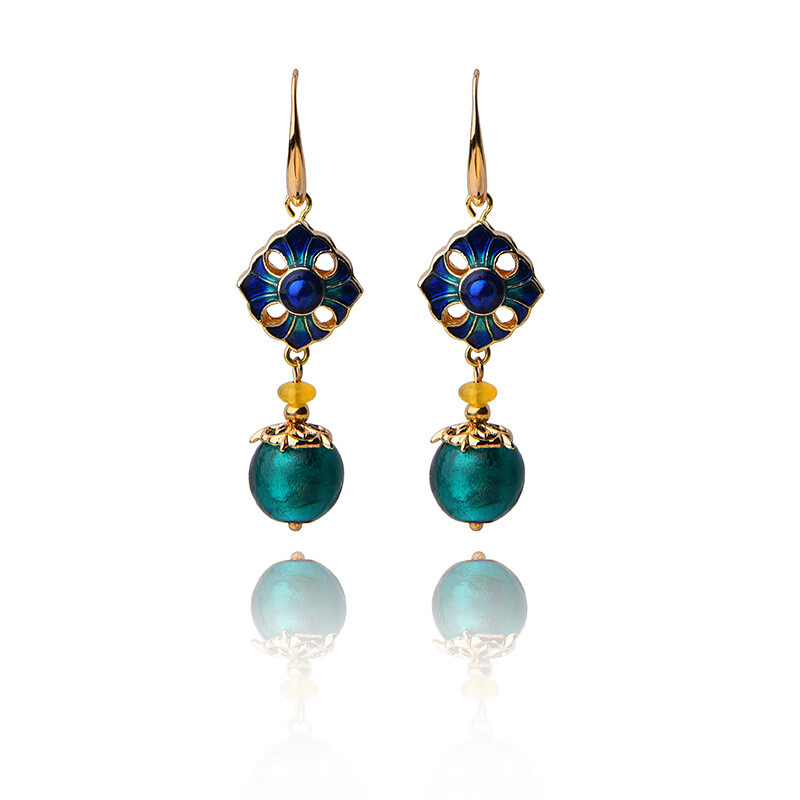 China Agate/Cloisonne/Coloured Glaze Flower Gild Tibetan Style Earbob Earrings