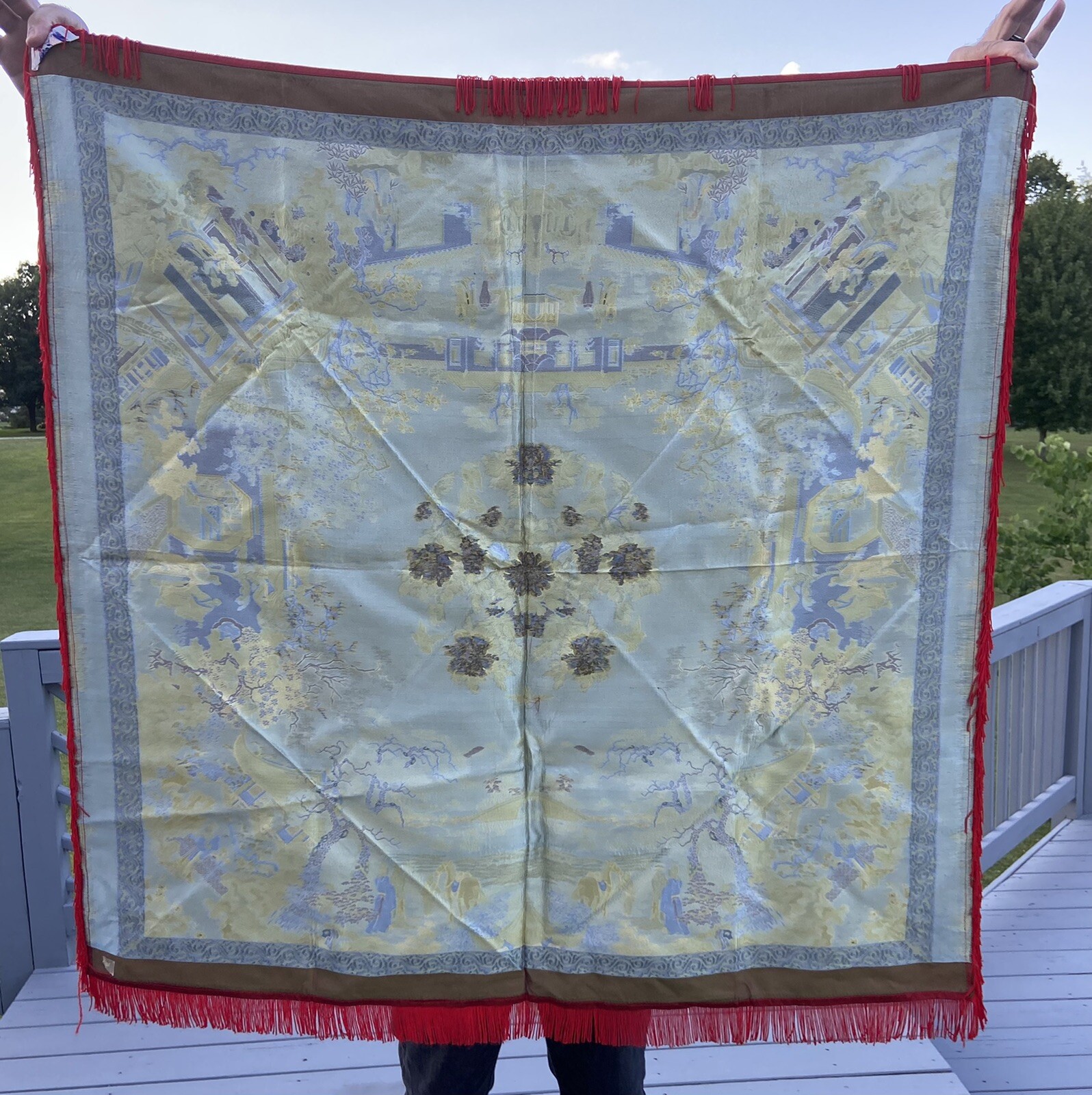 Vintage Silk Brocaded Flowers China Tapestry or Table Cloth Vivid Colors Fringe