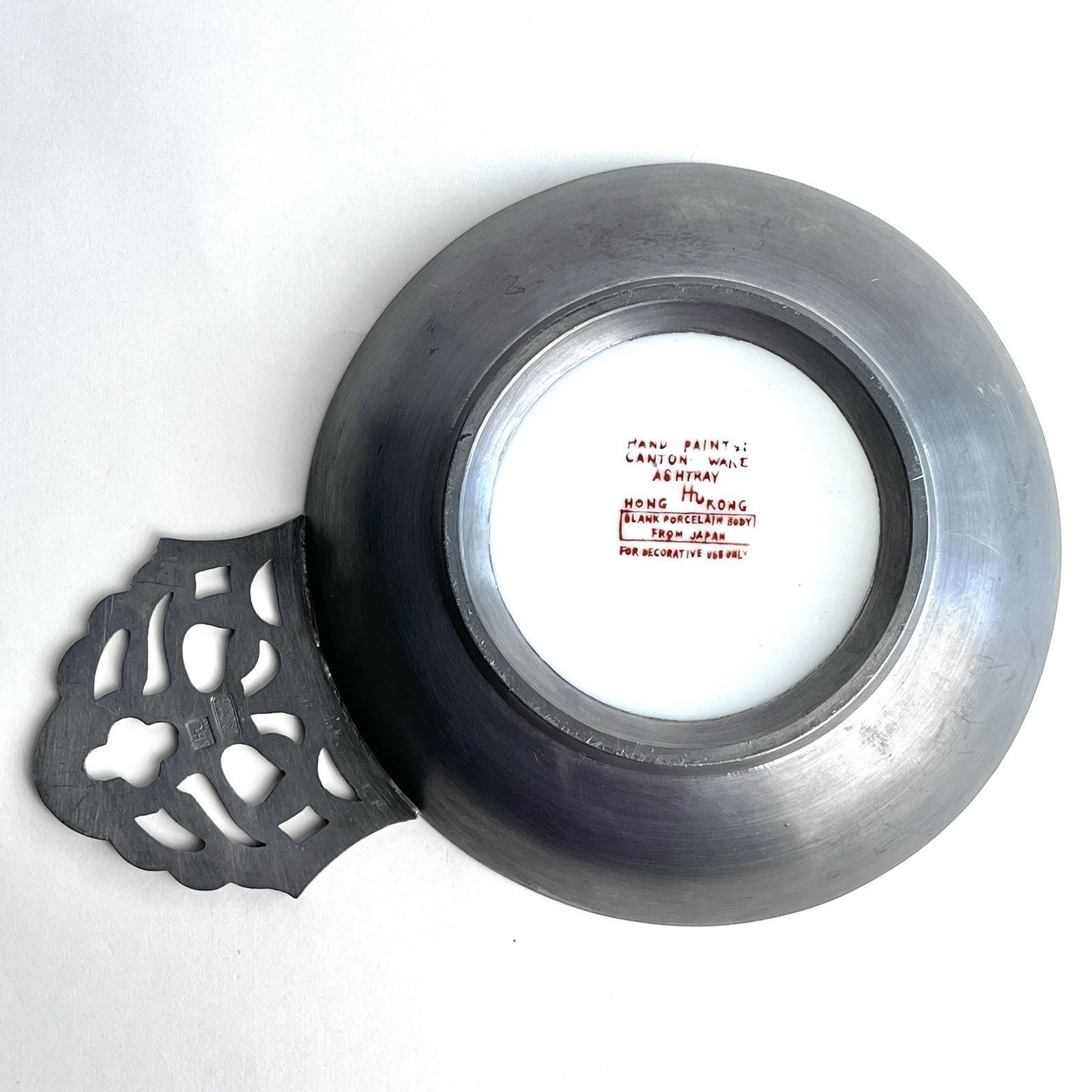 Vintage Canton Ware Ashtray Bowl Hong Kong Japan 8″ diameter Porcelain Pewter