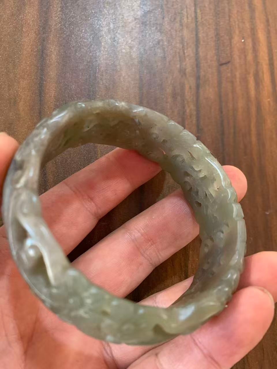 Rare Chinese Old Hetian Jade Hand Carved Hollowed-Out Bangle Bracelet