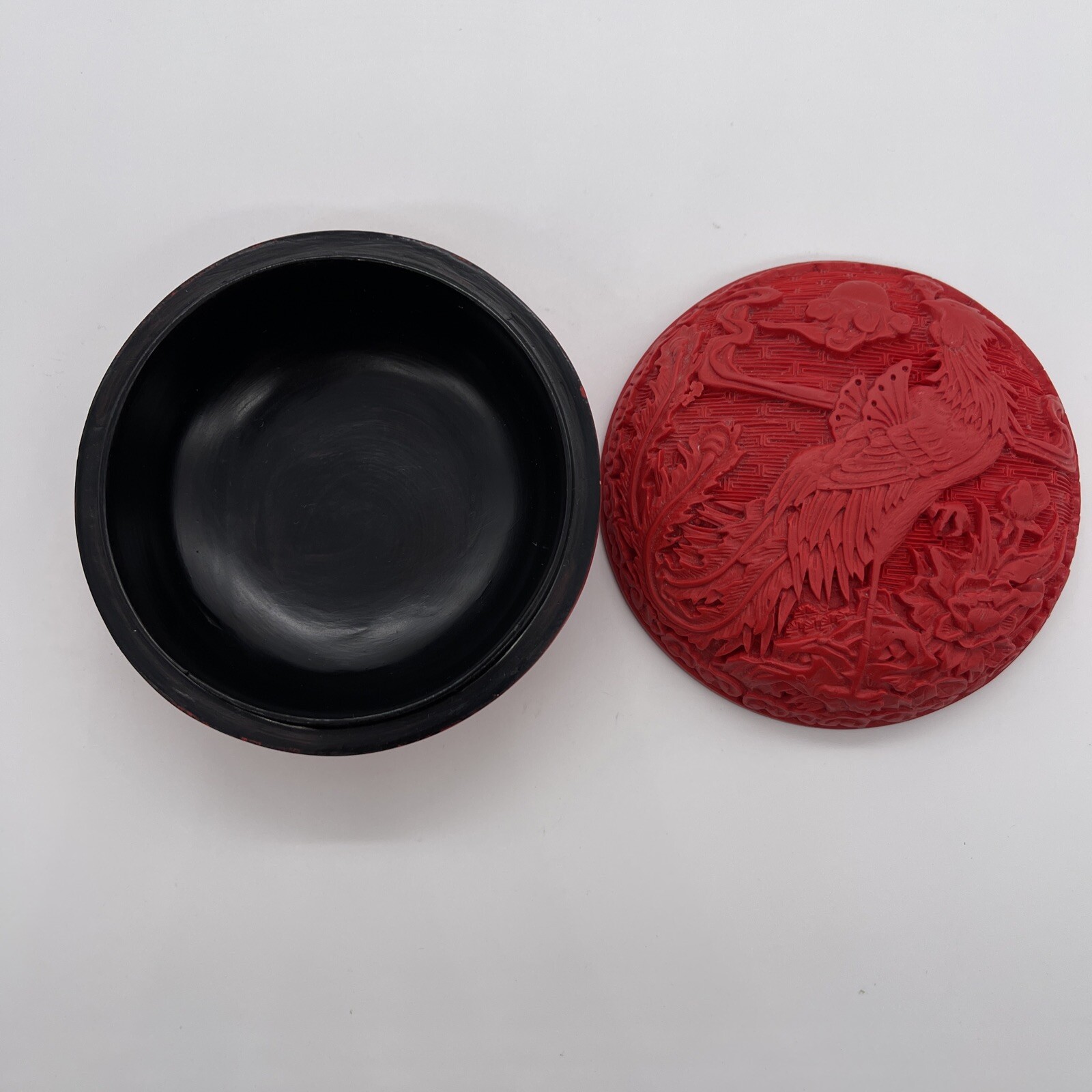 Trinket Box Cinnabar Phoenix Design on Lid & throughout Brilliant￼ Red￼ Vintage