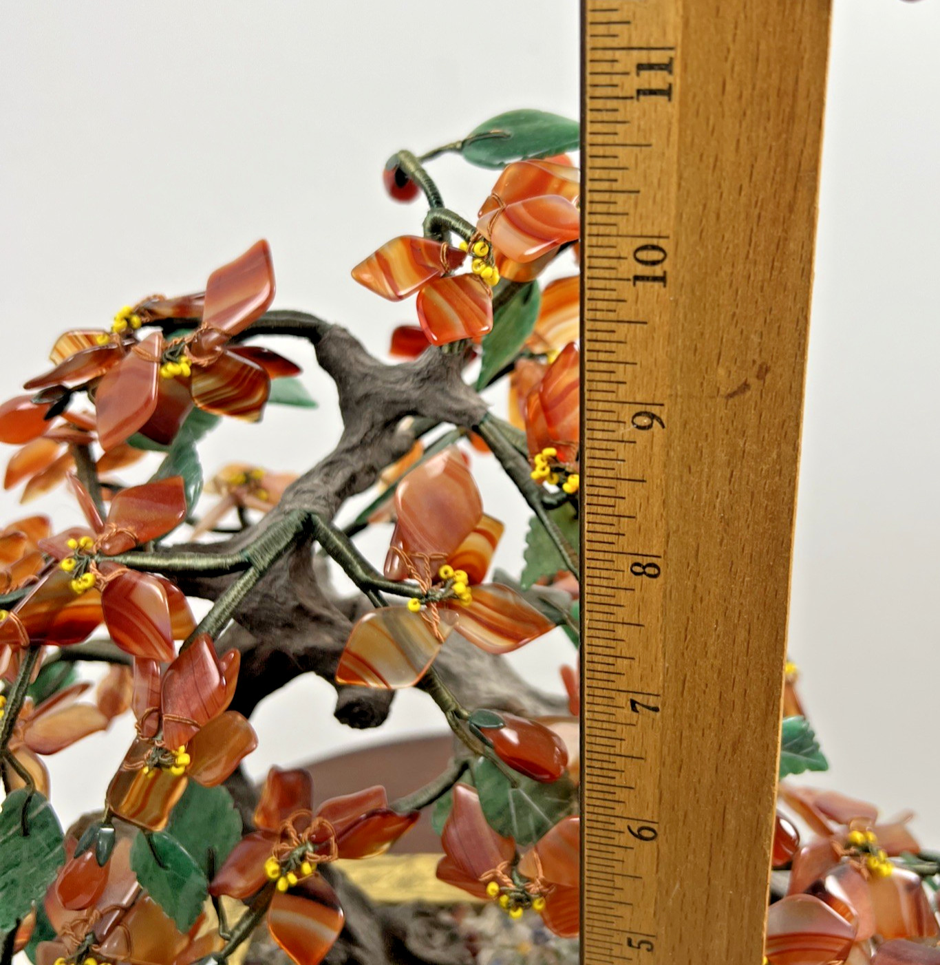 Vintage Carved Jade Tree Bonsai Flowers Brass Pot Agate Carnelian Fall Colors