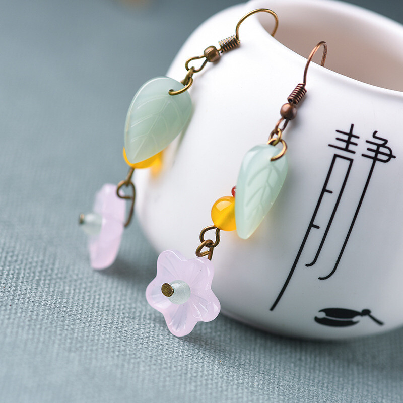 Chinese Coloured Glaze/Agate Flower Leaf Tibetan Style Vogue Earbob Earrings