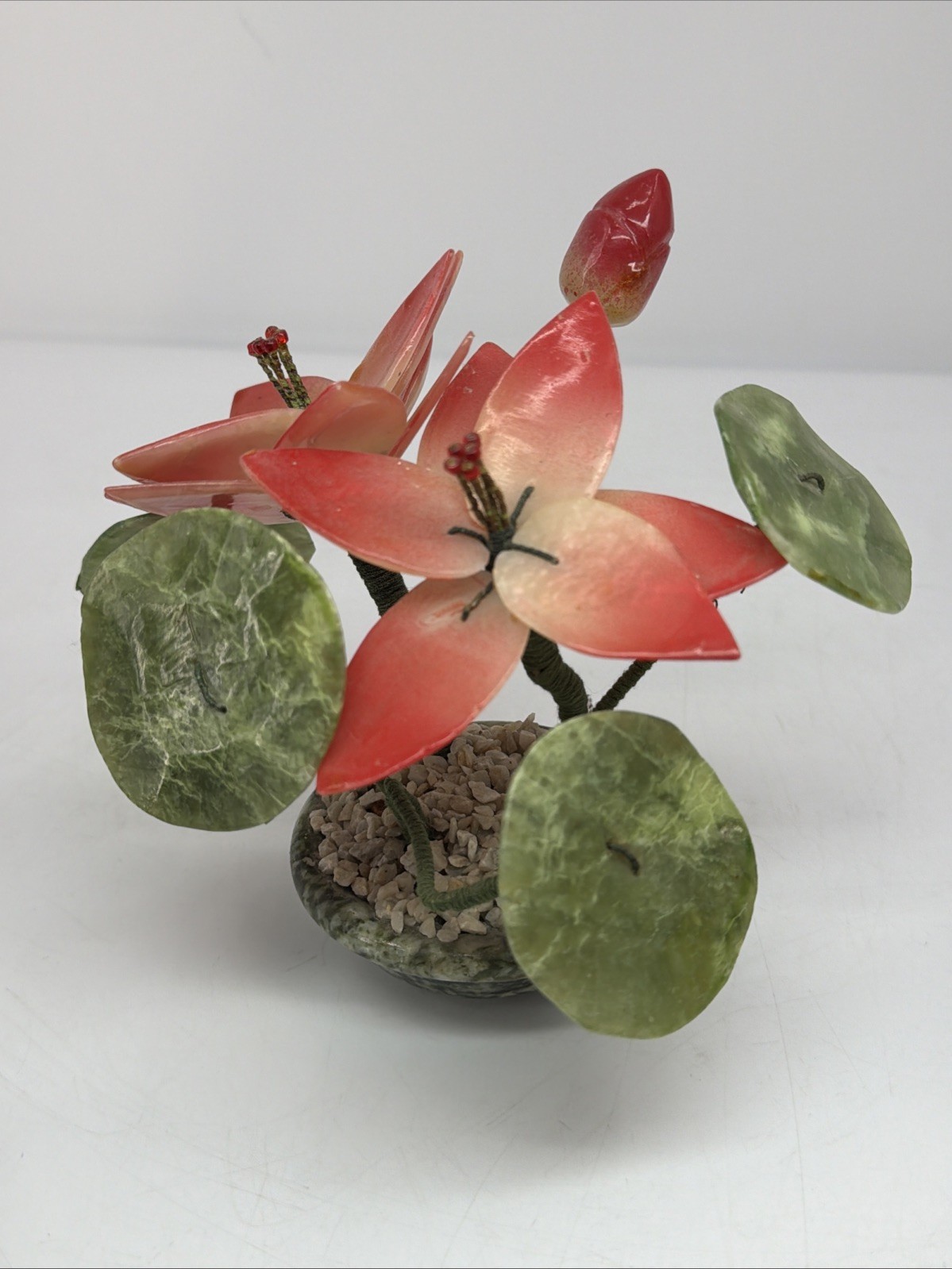 Vintage Asian Jade Stone Blossom Bonsai Tree, Small Approximately 6”x 7”