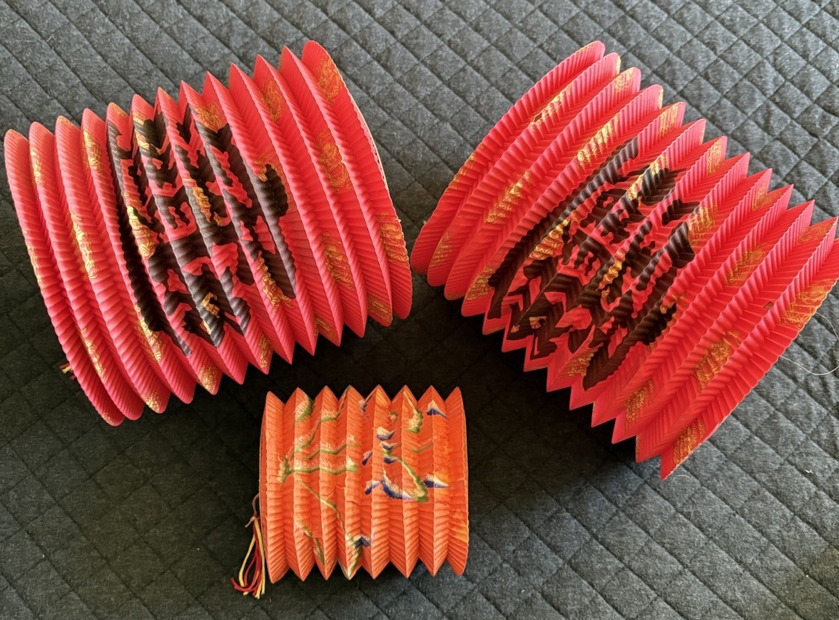 Lot-3 Mid Century Chinese Red Paper Lanterns Prosperity Festival Bright Future