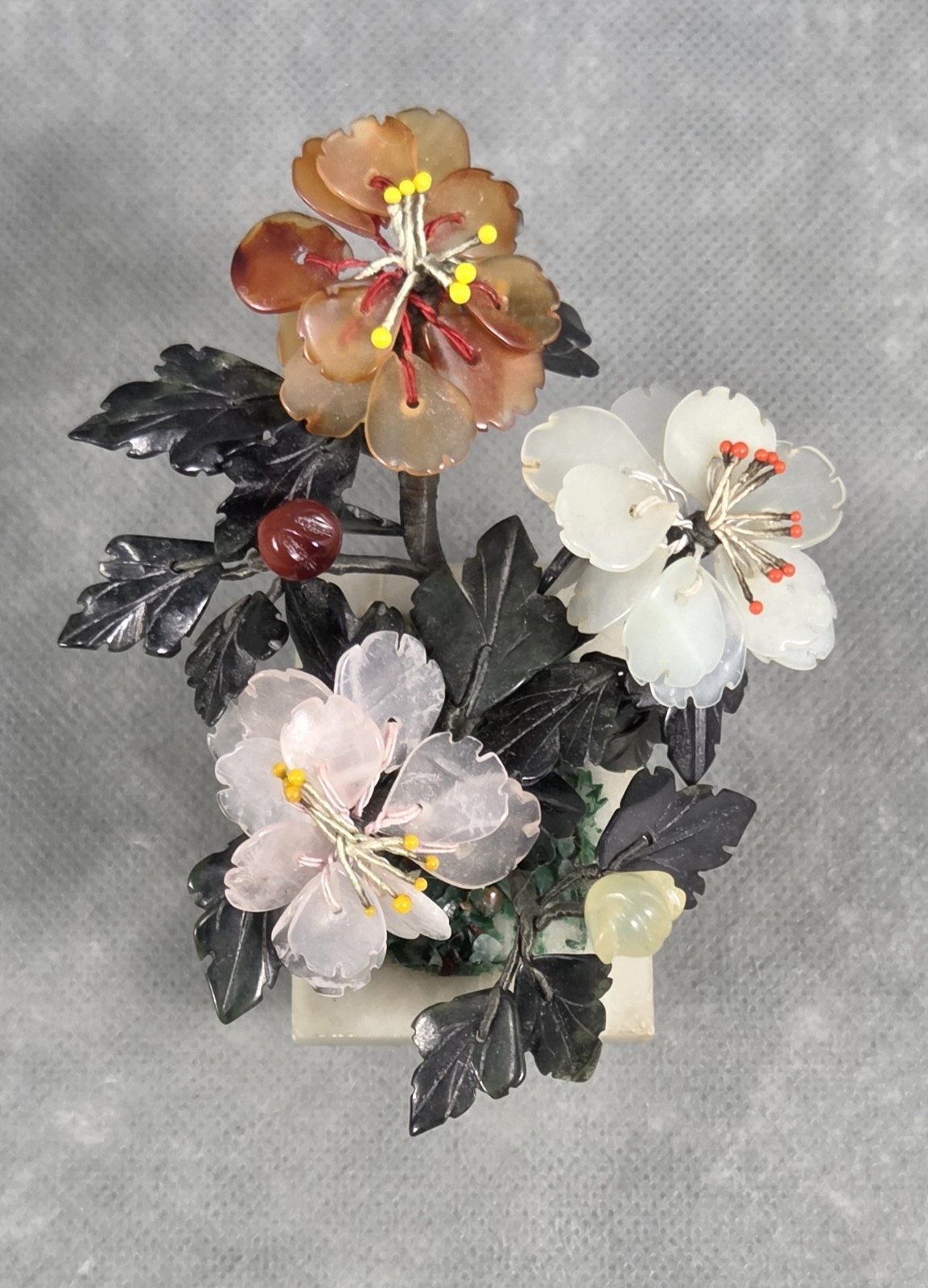 Vintage ASIAN Stone QUARTZ Glass FLOWER Carved POTTED Plant SMALL