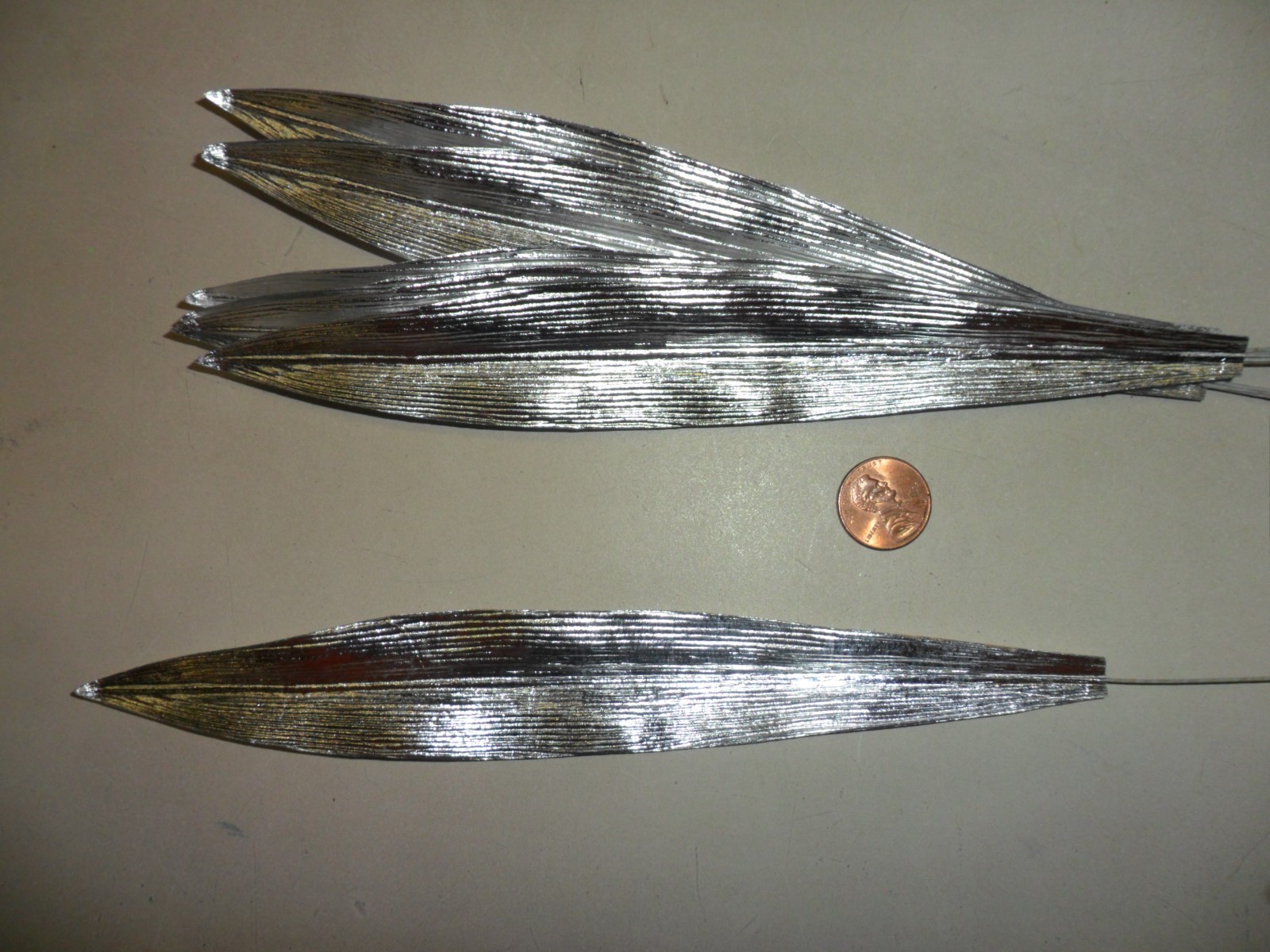 12 Vintage Metallic Silver Foil Long Leaves – 8″