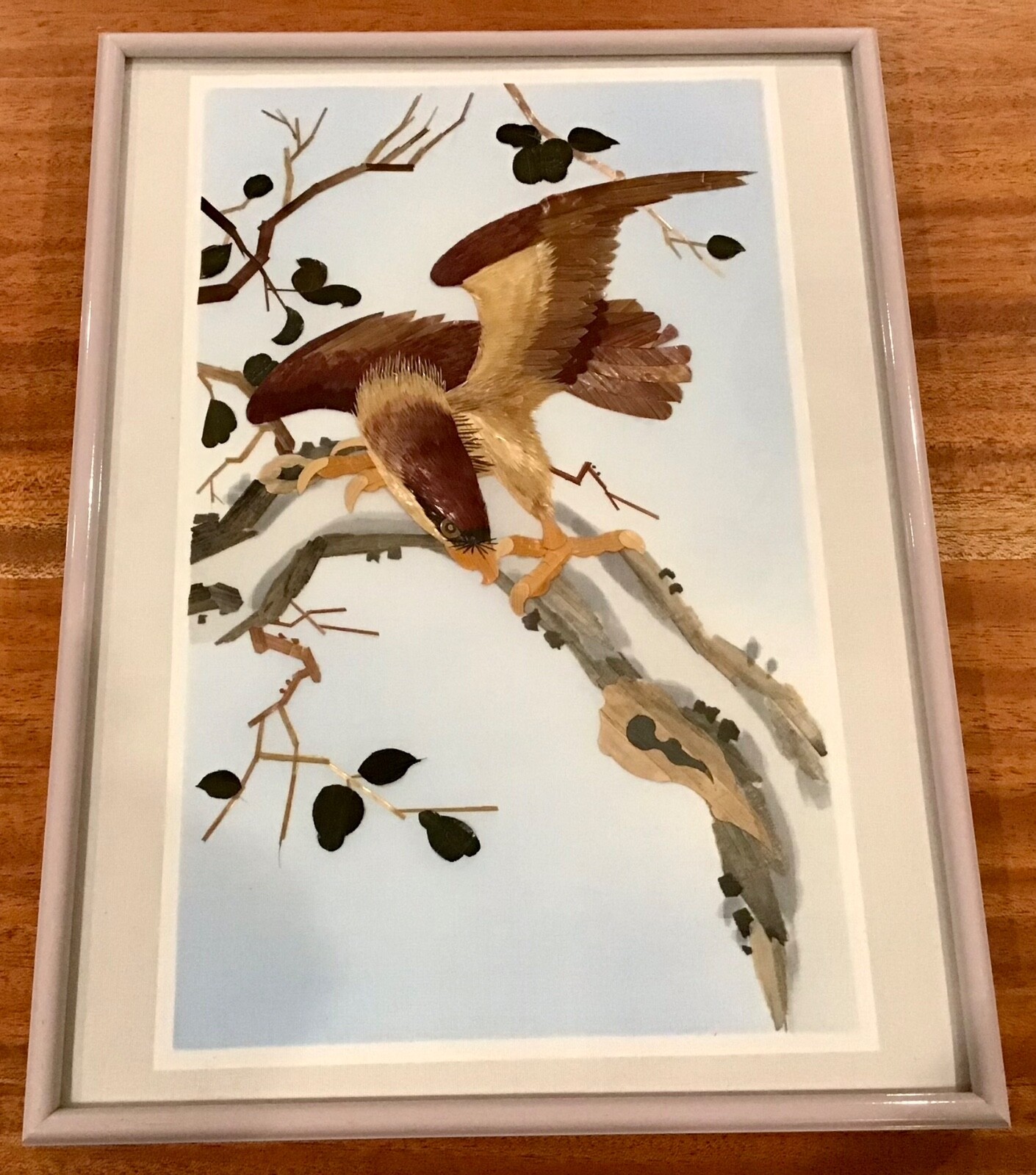 VTG ASIAN CLOTH PAINTED WOOD HAWK PICTURE WALL ART FRAMED- ONE OF TWO AVAILABLE