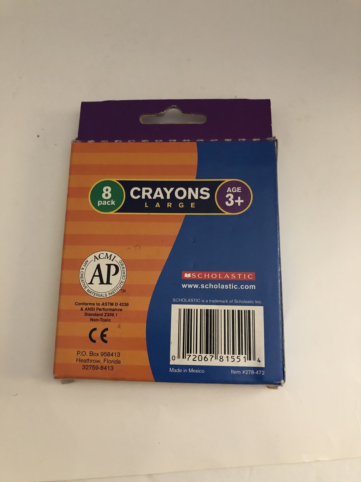 NEW Scholastic Washable Crayons, Assorted, Box Of 8 SHIPS N 24HRS