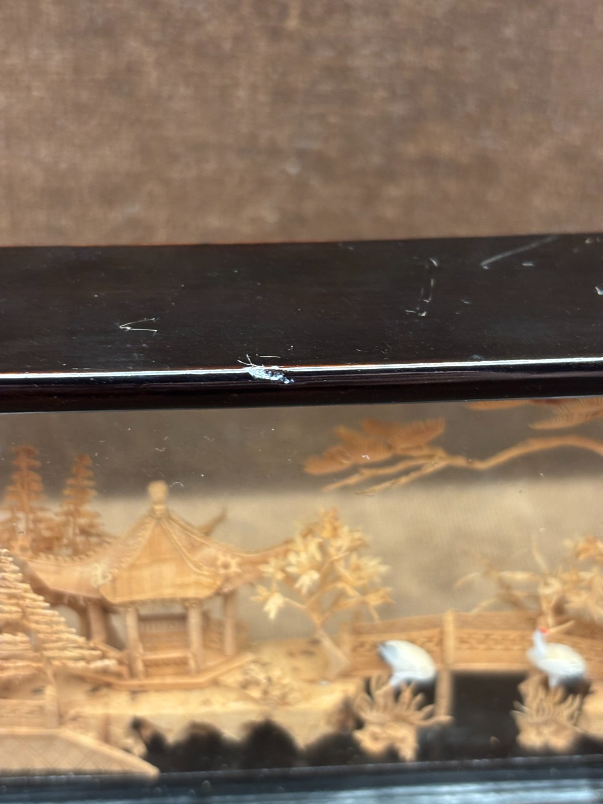 Chinese Carved Cork Sculpture Diorama 2 White Cranes Herons Black Enamel Frame