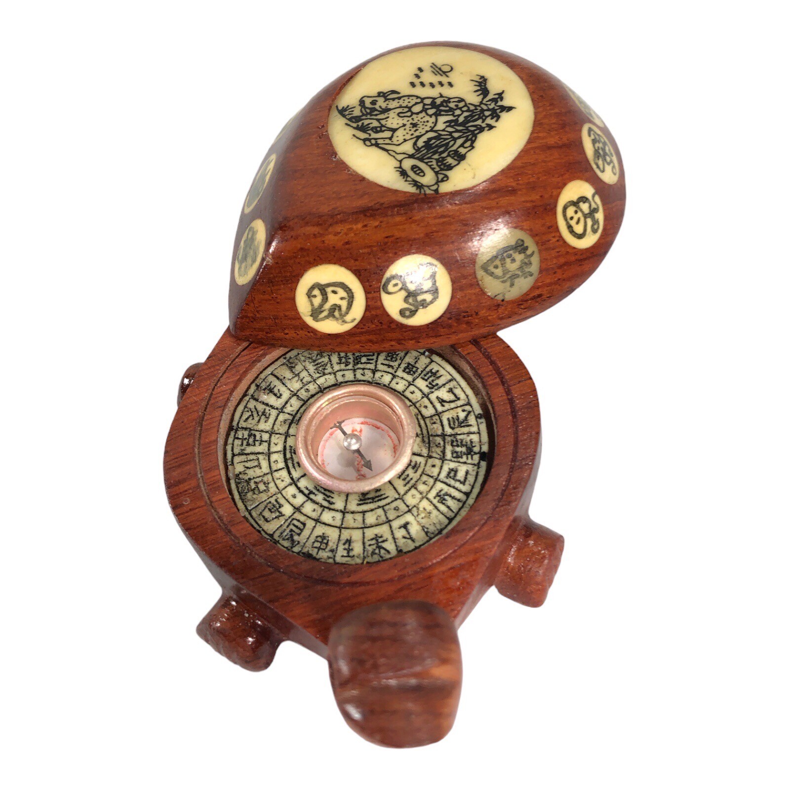 Vintage Carved Wood Turtle with Inlaid Chinese Zodiac Signs Opens to Compass