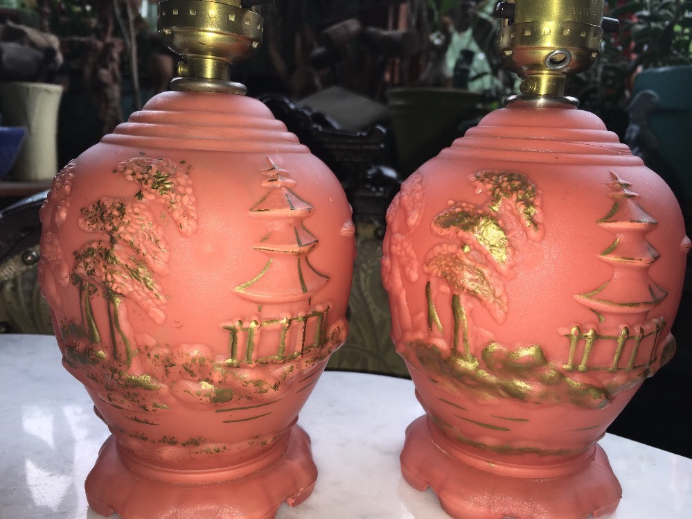 Vtg Asian Bonsai Temple Side Table Lamp Lights Glass Mid Century Japanese Salmon
