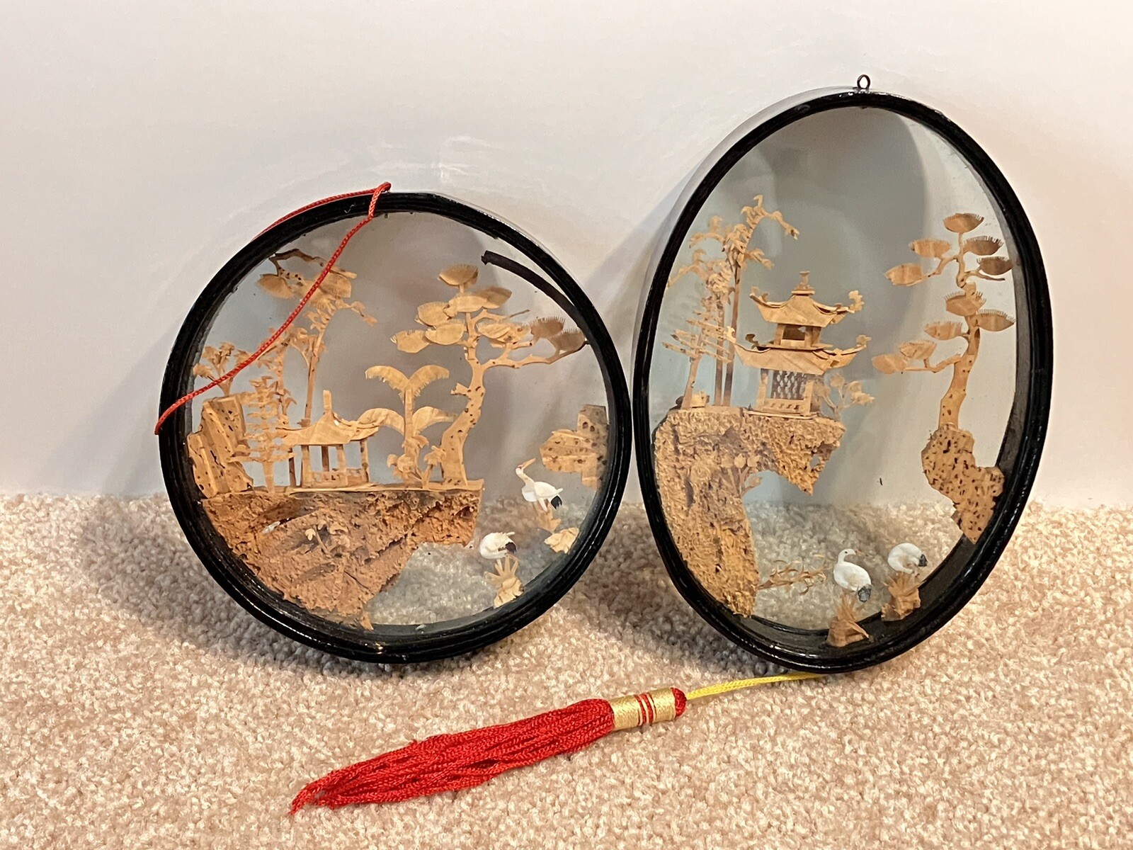Vintage Chinese Cork Carving Diorama Set Of 2 Lot Cranes Pagoda Lacquered Wood