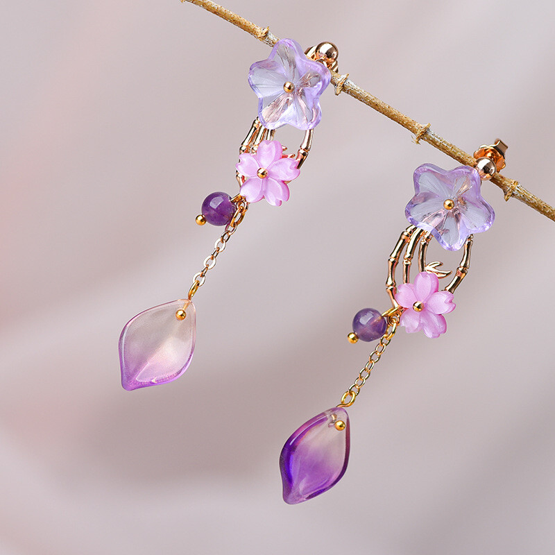 China Coloured Glaze/Purple Crystal Flower Tibetan Style Vogue Earbob Earrings