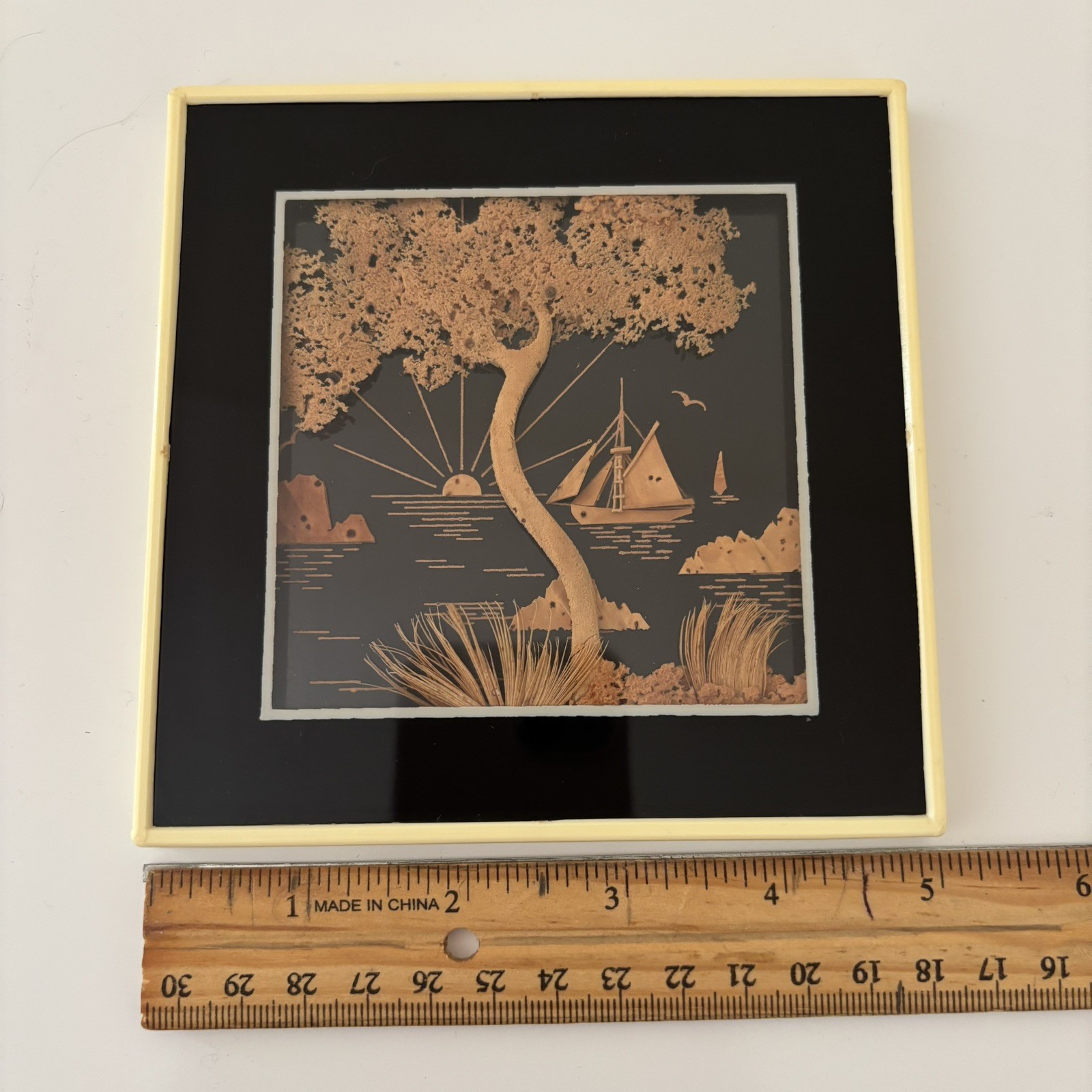 MCM Vintage Asian Diorama Cork Art Tree Boat Sunset 3D Framed 5 x 5″