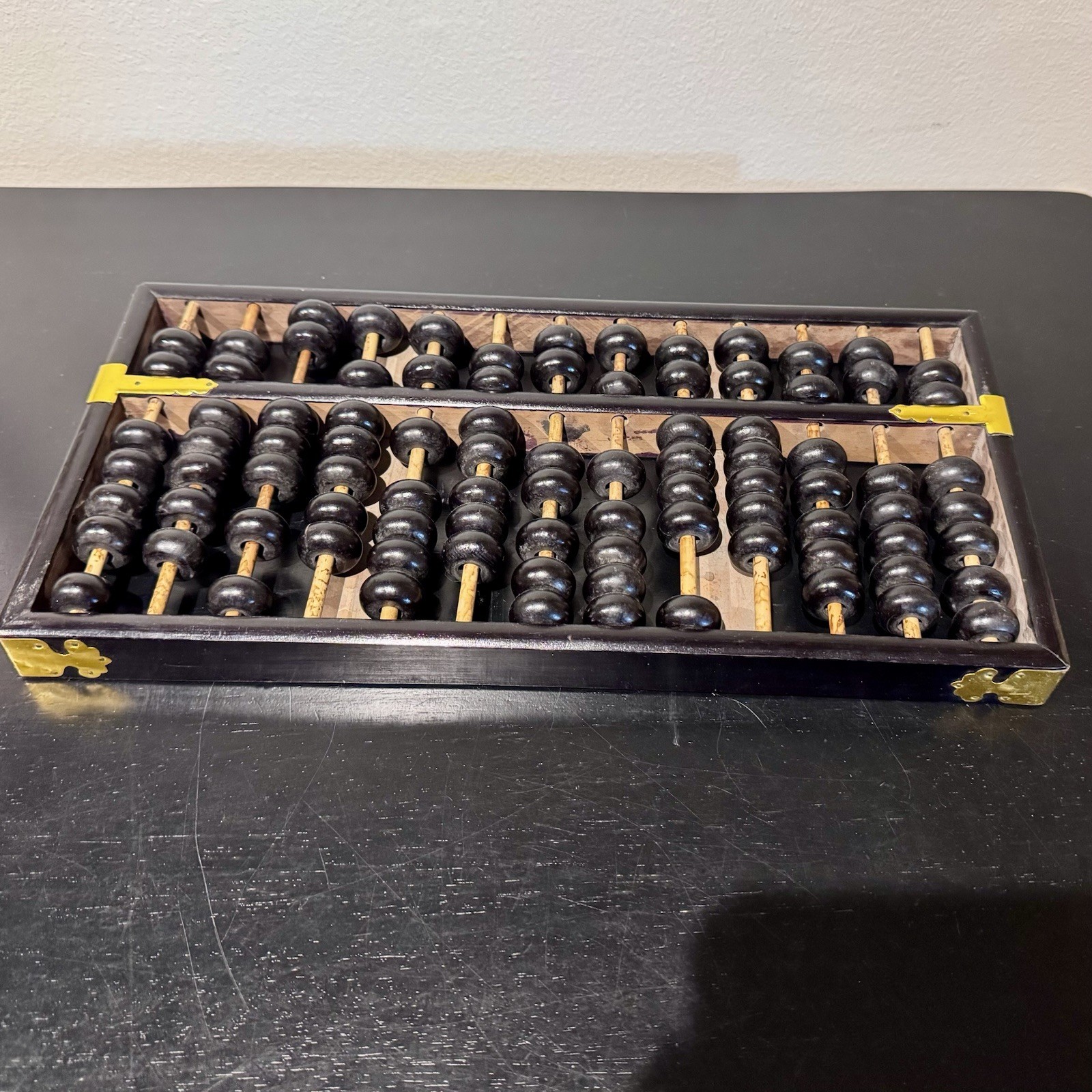 Vintage Abacus Brass & Natural Wood 13 Rows 91 Beads 14.5in Black