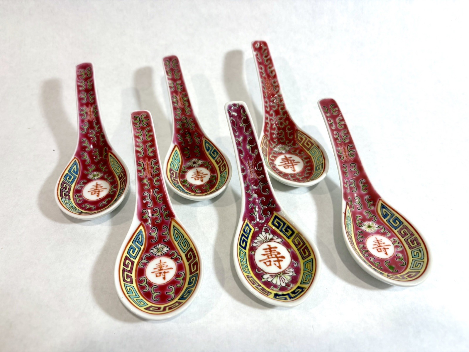 Vintage Chinese Famille Rose Mun Shou Porcelain Spoons Red Set of 6