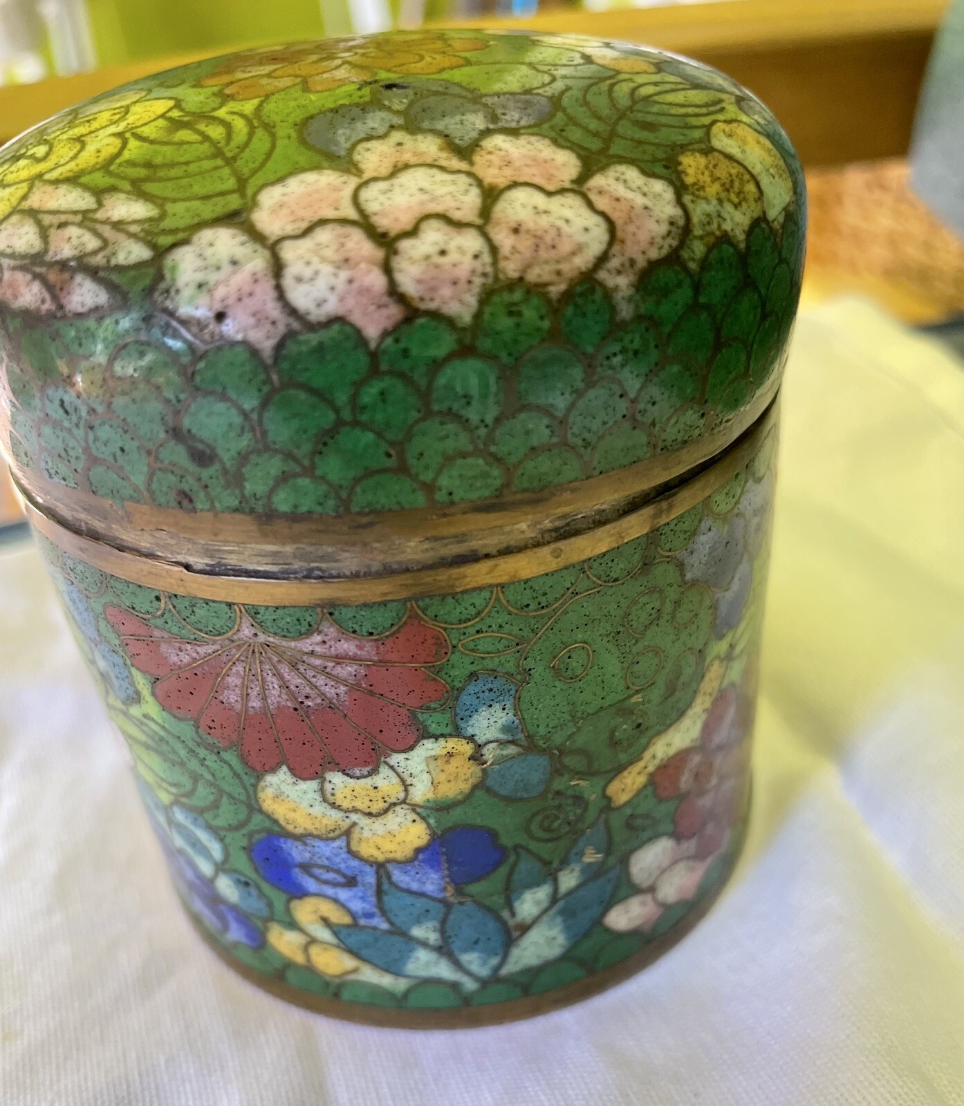 Late 1800’s Chinese Cloisonne Enamel Metal Tea Caddy W Lid