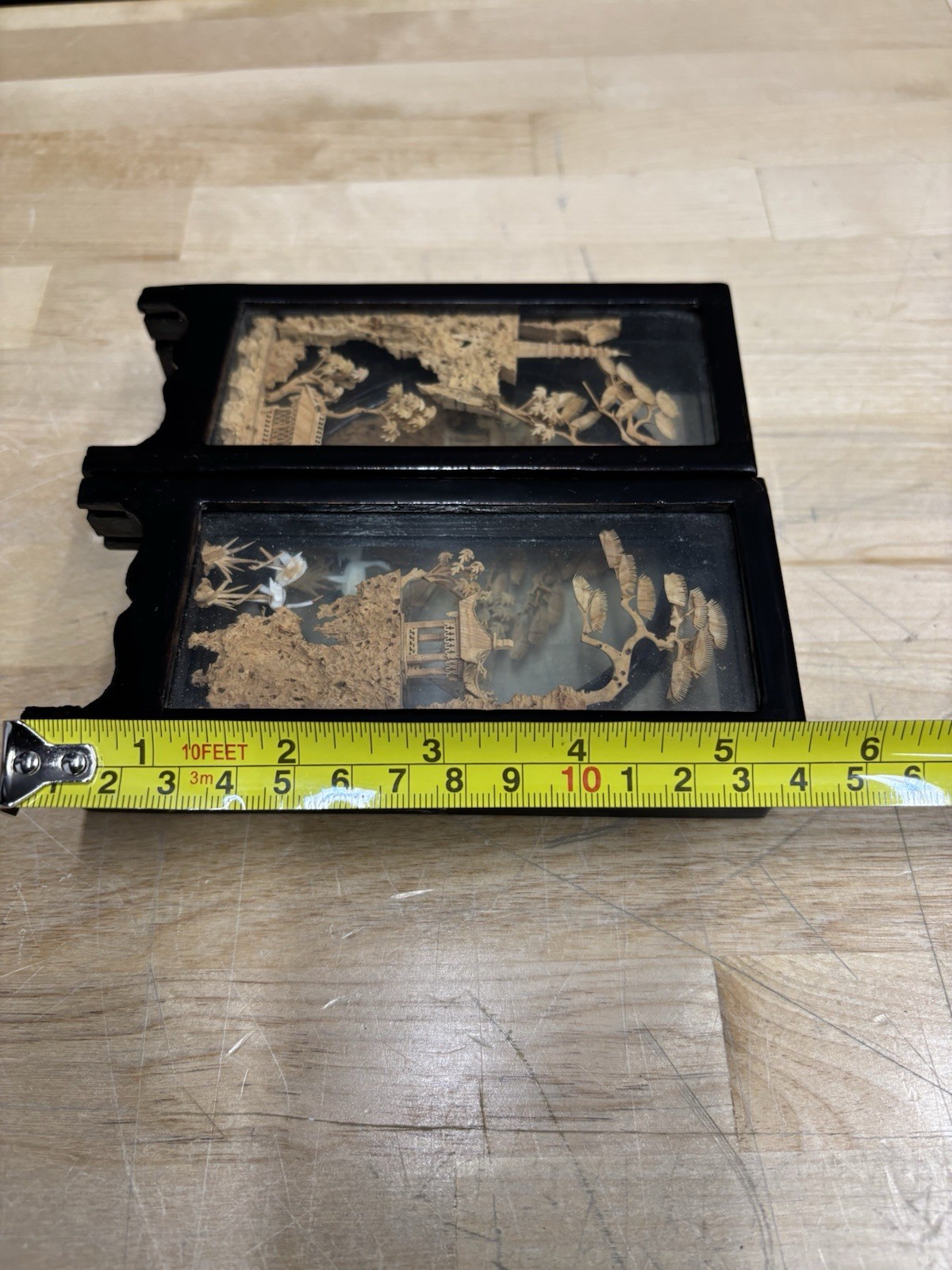 Vintage Chinese Cork Art Hand Carved Tri-Fold Diorama Box Pagoda Trees Cranes