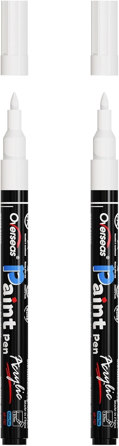 Overseas White Acrylic Paint Pens 2 Pack, 0.7mm Extra Fine Tip Permanent Markers